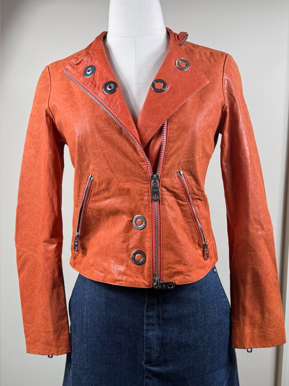 NWT Emporio Armani Rust Leather Moto Jacket Sz 4 NWOT